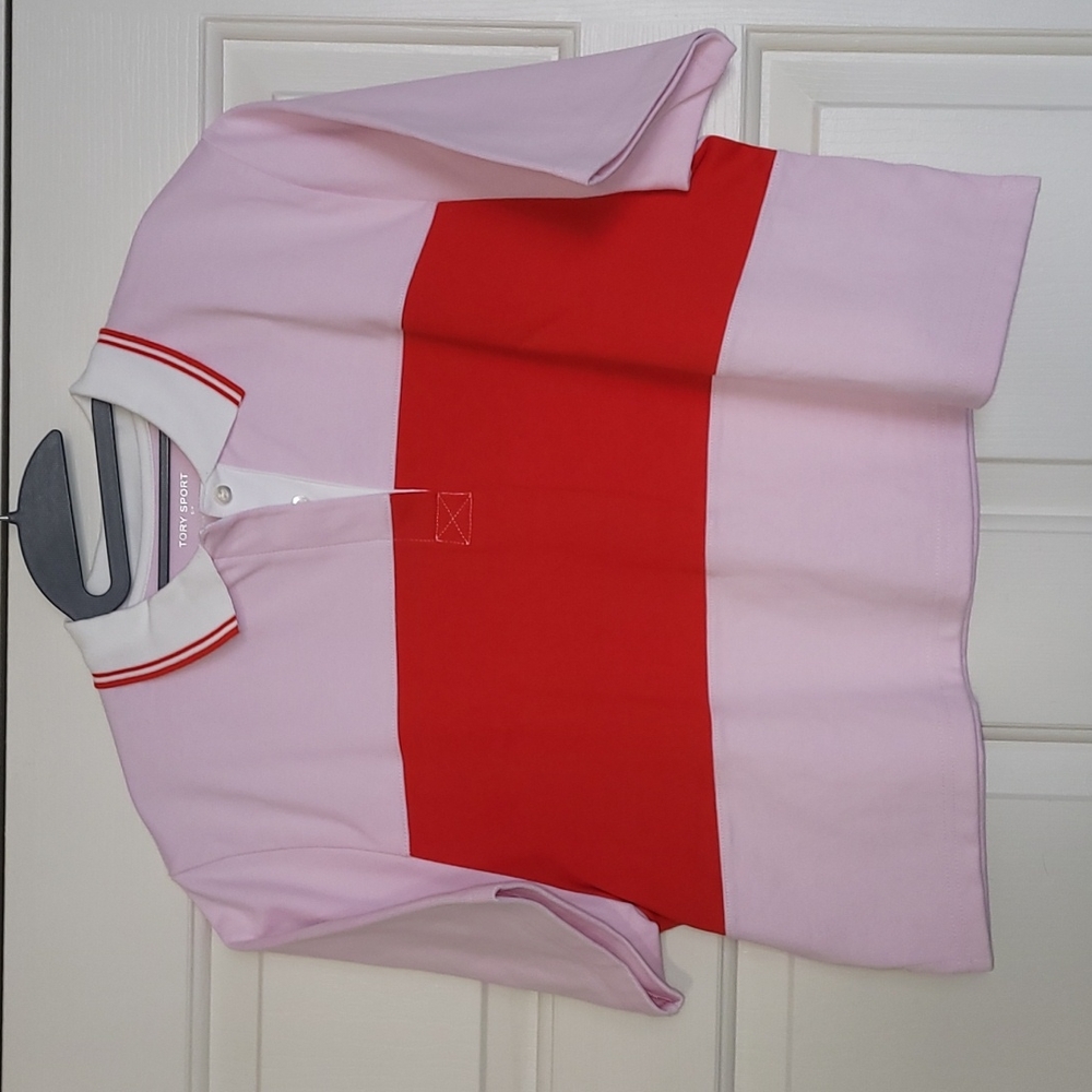 NWT Tory Burch Sport Pink & Red Cropped Thick Stripe Casual Polo Shirt